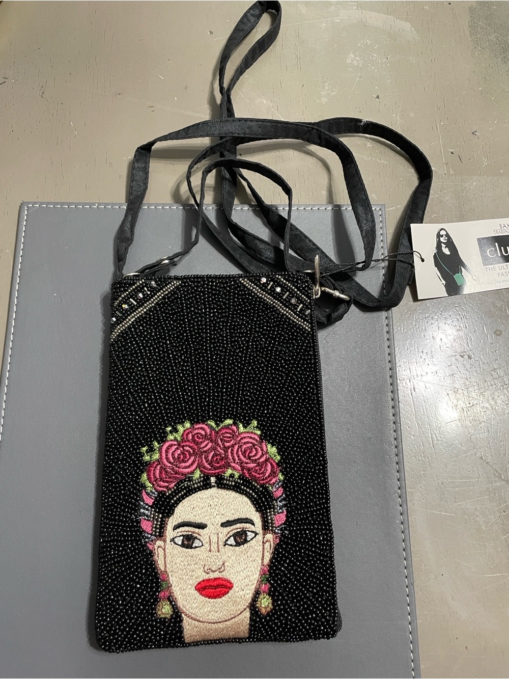 Bamboo Traders Black Beaded Crossbody Bag with Pink Floral Portrait